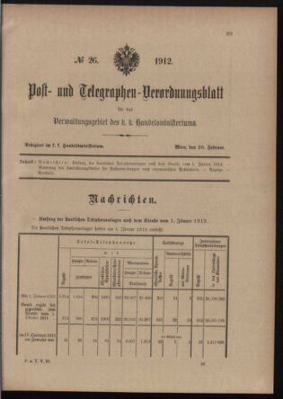 Post- und Telegraphen-Verordnungsblatt für das Verwaltungsgebiet des K.-K. Handelsministeriums 19120226 Seite: 1