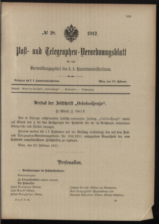 Post- und Telegraphen-Verordnungsblatt für das Verwaltungsgebiet des K.-K. Handelsministeriums 19120229 Seite: 1