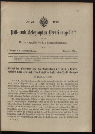 Post- und Telegraphen-Verordnungsblatt für das Verwaltungsgebiet des K.-K. Handelsministeriums 19120301 Seite: 1