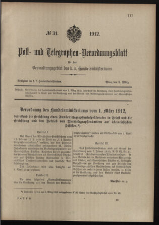 Post- und Telegraphen-Verordnungsblatt für das Verwaltungsgebiet des K.-K. Handelsministeriums 19120308 Seite: 1