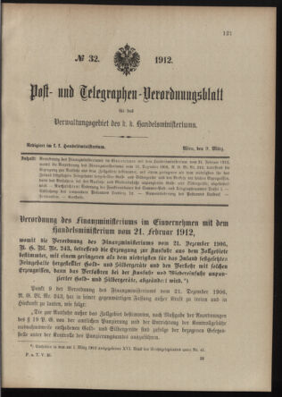 Post- und Telegraphen-Verordnungsblatt für das Verwaltungsgebiet des K.-K. Handelsministeriums 19120309 Seite: 1