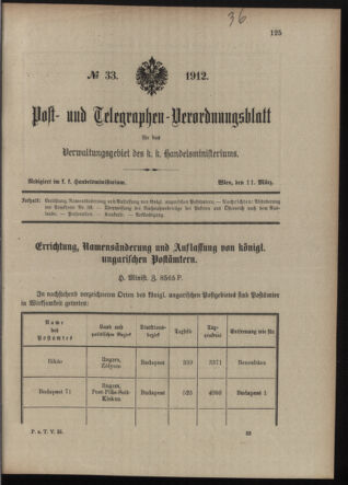 Post- und Telegraphen-Verordnungsblatt für das Verwaltungsgebiet des K.-K. Handelsministeriums 19120311 Seite: 1