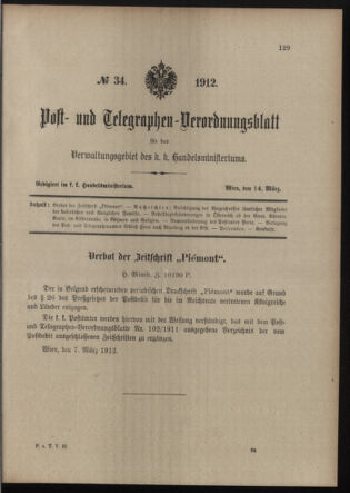 Post- und Telegraphen-Verordnungsblatt für das Verwaltungsgebiet des K.-K. Handelsministeriums 19120314 Seite: 1