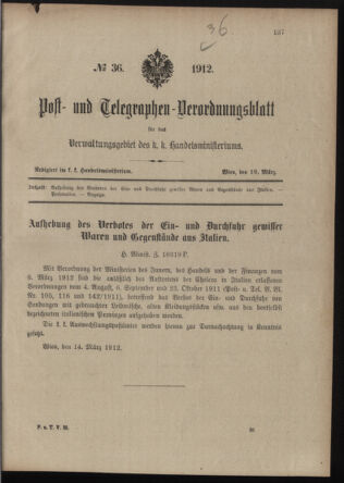 Post- und Telegraphen-Verordnungsblatt für das Verwaltungsgebiet des K.-K. Handelsministeriums 19120319 Seite: 1