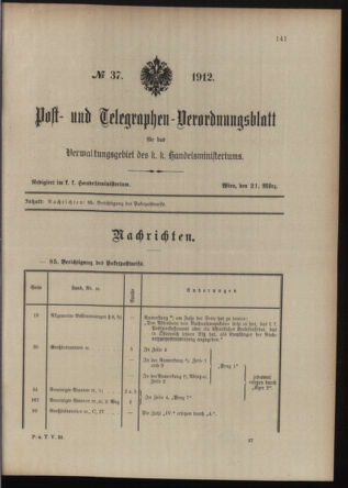 Post- und Telegraphen-Verordnungsblatt für das Verwaltungsgebiet des K.-K. Handelsministeriums 19120321 Seite: 1