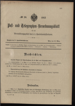 Post- und Telegraphen-Verordnungsblatt für das Verwaltungsgebiet des K.-K. Handelsministeriums 19120322 Seite: 1