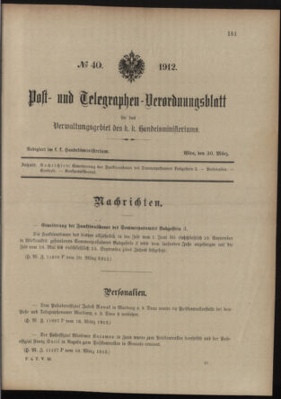 Post- und Telegraphen-Verordnungsblatt für das Verwaltungsgebiet des K.-K. Handelsministeriums 19120330 Seite: 1