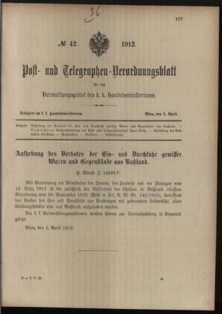 Post- und Telegraphen-Verordnungsblatt für das Verwaltungsgebiet des K.-K. Handelsministeriums 19120405 Seite: 1