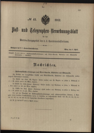 Post- und Telegraphen-Verordnungsblatt für das Verwaltungsgebiet des K.-K. Handelsministeriums 19120409 Seite: 1