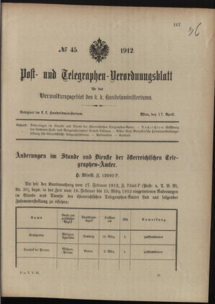 Post- und Telegraphen-Verordnungsblatt für das Verwaltungsgebiet des K.-K. Handelsministeriums 19120417 Seite: 1