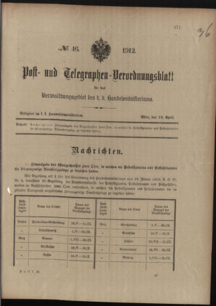 Post- und Telegraphen-Verordnungsblatt für das Verwaltungsgebiet des K.-K. Handelsministeriums 19120418 Seite: 1