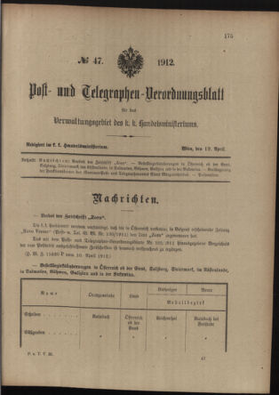 Post- und Telegraphen-Verordnungsblatt für das Verwaltungsgebiet des K.-K. Handelsministeriums 19120419 Seite: 1