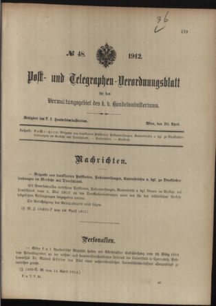 Post- und Telegraphen-Verordnungsblatt für das Verwaltungsgebiet des K.-K. Handelsministeriums 19120420 Seite: 1