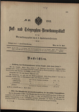 Post- und Telegraphen-Verordnungsblatt für das Verwaltungsgebiet des K.-K. Handelsministeriums 19120422 Seite: 1