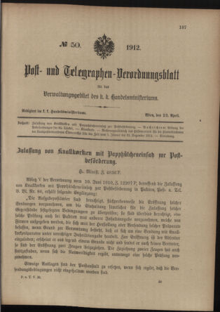 Post- und Telegraphen-Verordnungsblatt für das Verwaltungsgebiet des K.-K. Handelsministeriums 19120423 Seite: 1