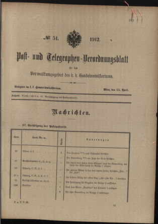 Post- und Telegraphen-Verordnungsblatt für das Verwaltungsgebiet des K.-K. Handelsministeriums 19120425 Seite: 1