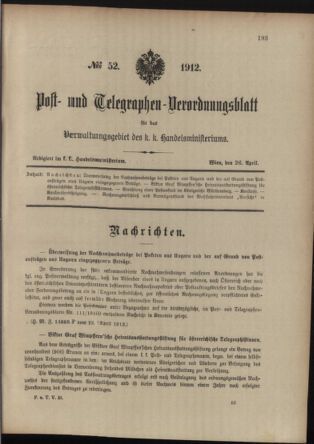 Post- und Telegraphen-Verordnungsblatt für das Verwaltungsgebiet des K.-K. Handelsministeriums 19120426 Seite: 1