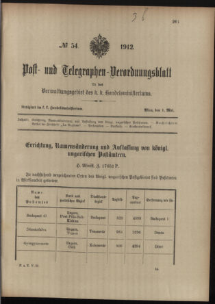 Post- und Telegraphen-Verordnungsblatt für das Verwaltungsgebiet des K.-K. Handelsministeriums 19120501 Seite: 1