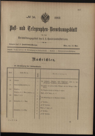 Post- und Telegraphen-Verordnungsblatt für das Verwaltungsgebiet des K.-K. Handelsministeriums 19120510 Seite: 1