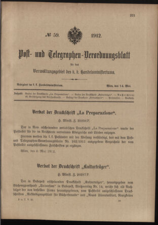 Post- und Telegraphen-Verordnungsblatt für das Verwaltungsgebiet des K.-K. Handelsministeriums 19120514 Seite: 1