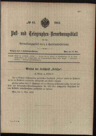 Post- und Telegraphen-Verordnungsblatt für das Verwaltungsgebiet des K.-K. Handelsministeriums 19120522 Seite: 1