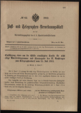 Post- und Telegraphen-Verordnungsblatt für das Verwaltungsgebiet des K.-K. Handelsministeriums 19120523 Seite: 1