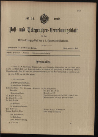 Post- und Telegraphen-Verordnungsblatt für das Verwaltungsgebiet des K.-K. Handelsministeriums 19120525 Seite: 1