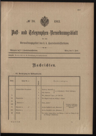 Post- und Telegraphen-Verordnungsblatt für das Verwaltungsgebiet des K.-K. Handelsministeriums 19120605 Seite: 1