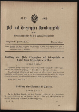 Post- und Telegraphen-Verordnungsblatt für das Verwaltungsgebiet des K.-K. Handelsministeriums 19120607 Seite: 1