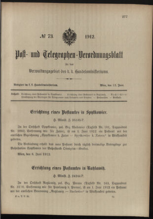 Post- und Telegraphen-Verordnungsblatt für das Verwaltungsgebiet des K.-K. Handelsministeriums 19120612 Seite: 1