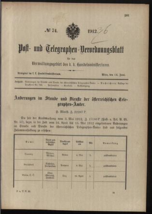 Post- und Telegraphen-Verordnungsblatt für das Verwaltungsgebiet des K.-K. Handelsministeriums 19120614 Seite: 1