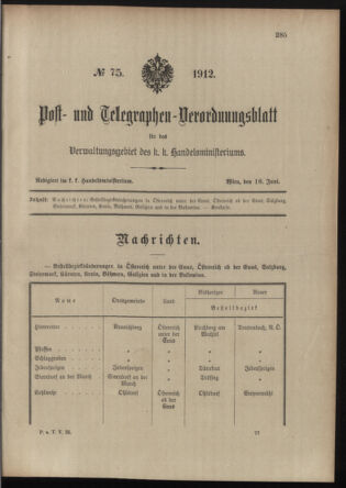 Post- und Telegraphen-Verordnungsblatt für das Verwaltungsgebiet des K.-K. Handelsministeriums 19120618 Seite: 1