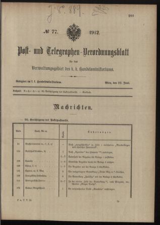 Post- und Telegraphen-Verordnungsblatt für das Verwaltungsgebiet des K.-K. Handelsministeriums 19120622 Seite: 1