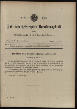 Post- und Telegraphen-Verordnungsblatt für das Verwaltungsgebiet des K.-K. Handelsministeriums 19120625 Seite: 1