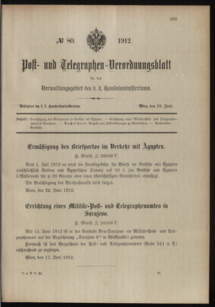 Post- und Telegraphen-Verordnungsblatt für das Verwaltungsgebiet des K.-K. Handelsministeriums 19120626 Seite: 1