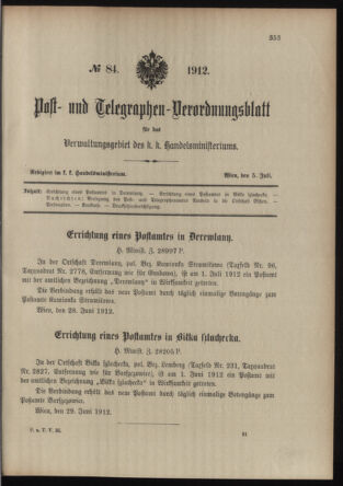 Post- und Telegraphen-Verordnungsblatt für das Verwaltungsgebiet des K.-K. Handelsministeriums 19120705 Seite: 1