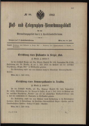 Post- und Telegraphen-Verordnungsblatt für das Verwaltungsgebiet des K.-K. Handelsministeriums 19120710 Seite: 1