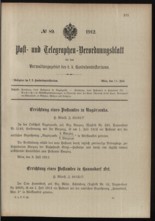 Post- und Telegraphen-Verordnungsblatt für das Verwaltungsgebiet des K.-K. Handelsministeriums 19120711 Seite: 1