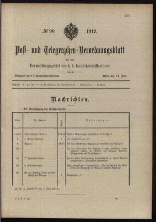 Post- und Telegraphen-Verordnungsblatt für das Verwaltungsgebiet des K.-K. Handelsministeriums 19120712 Seite: 1