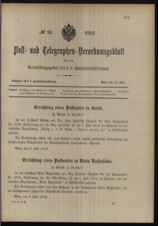 Post- und Telegraphen-Verordnungsblatt für das Verwaltungsgebiet des K.-K. Handelsministeriums 19120713 Seite: 1