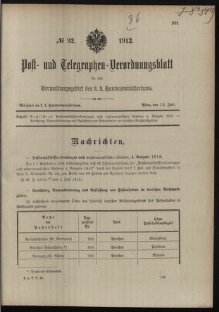 Post- und Telegraphen-Verordnungsblatt für das Verwaltungsgebiet des K.-K. Handelsministeriums 19120715 Seite: 1