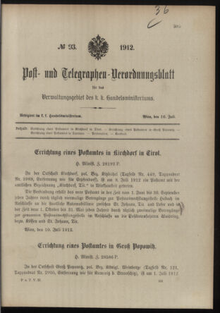 Post- und Telegraphen-Verordnungsblatt für das Verwaltungsgebiet des K.-K. Handelsministeriums 19120716 Seite: 1