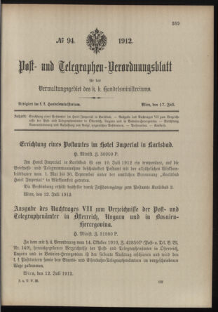 Post- und Telegraphen-Verordnungsblatt für das Verwaltungsgebiet des K.-K. Handelsministeriums 19120717 Seite: 1