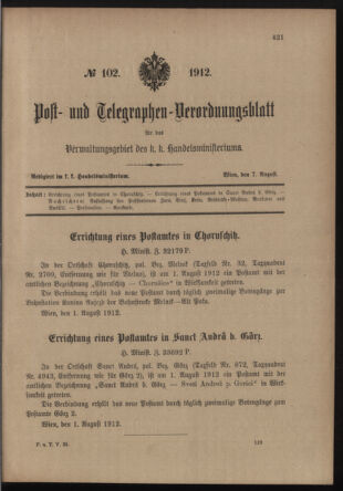 Post- und Telegraphen-Verordnungsblatt für das Verwaltungsgebiet des K.-K. Handelsministeriums 19120807 Seite: 1