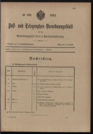 Post- und Telegraphen-Verordnungsblatt für das Verwaltungsgebiet des K.-K. Handelsministeriums 19120810 Seite: 1