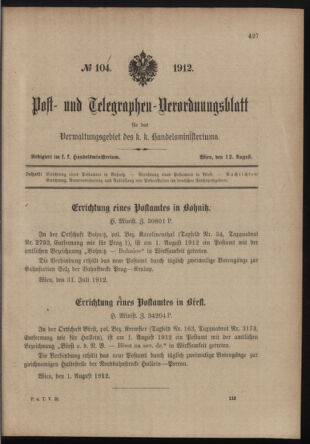 Post- und Telegraphen-Verordnungsblatt für das Verwaltungsgebiet des K.-K. Handelsministeriums 19120812 Seite: 1