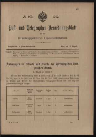 Post- und Telegraphen-Verordnungsblatt für das Verwaltungsgebiet des K.-K. Handelsministeriums 19120813 Seite: 1