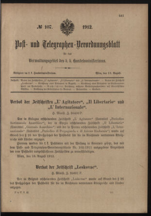 Post- und Telegraphen-Verordnungsblatt für das Verwaltungsgebiet des K.-K. Handelsministeriums 19120819 Seite: 1