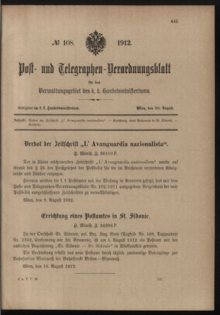 Post- und Telegraphen-Verordnungsblatt für das Verwaltungsgebiet des K.-K. Handelsministeriums 19120820 Seite: 1