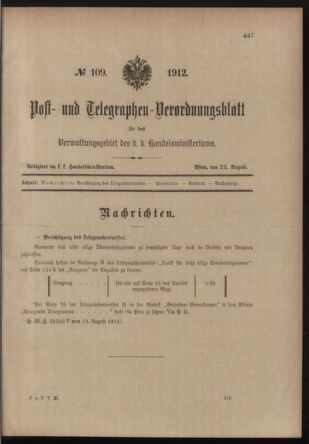 Post- und Telegraphen-Verordnungsblatt für das Verwaltungsgebiet des K.-K. Handelsministeriums 19120822 Seite: 1